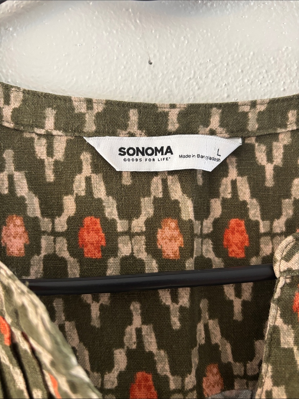 Sonoma Olive Ikat-Print Sleeveless Shift Dress with Orange Accents-Linen Blend- - Picture 3 of 6
